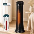 Black space heater in a living room with thermostat illustrations.