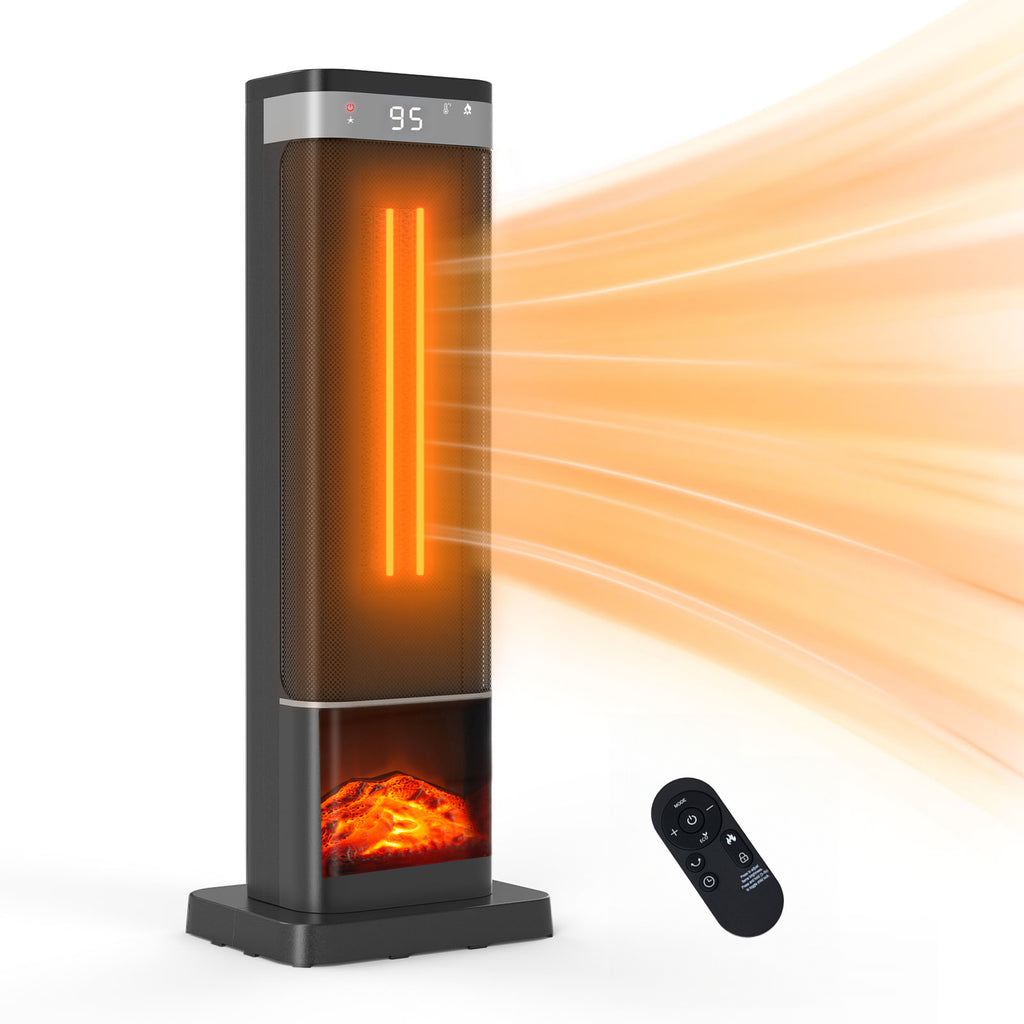Black space heater with a flame effect, remote control and illustrated warmth.