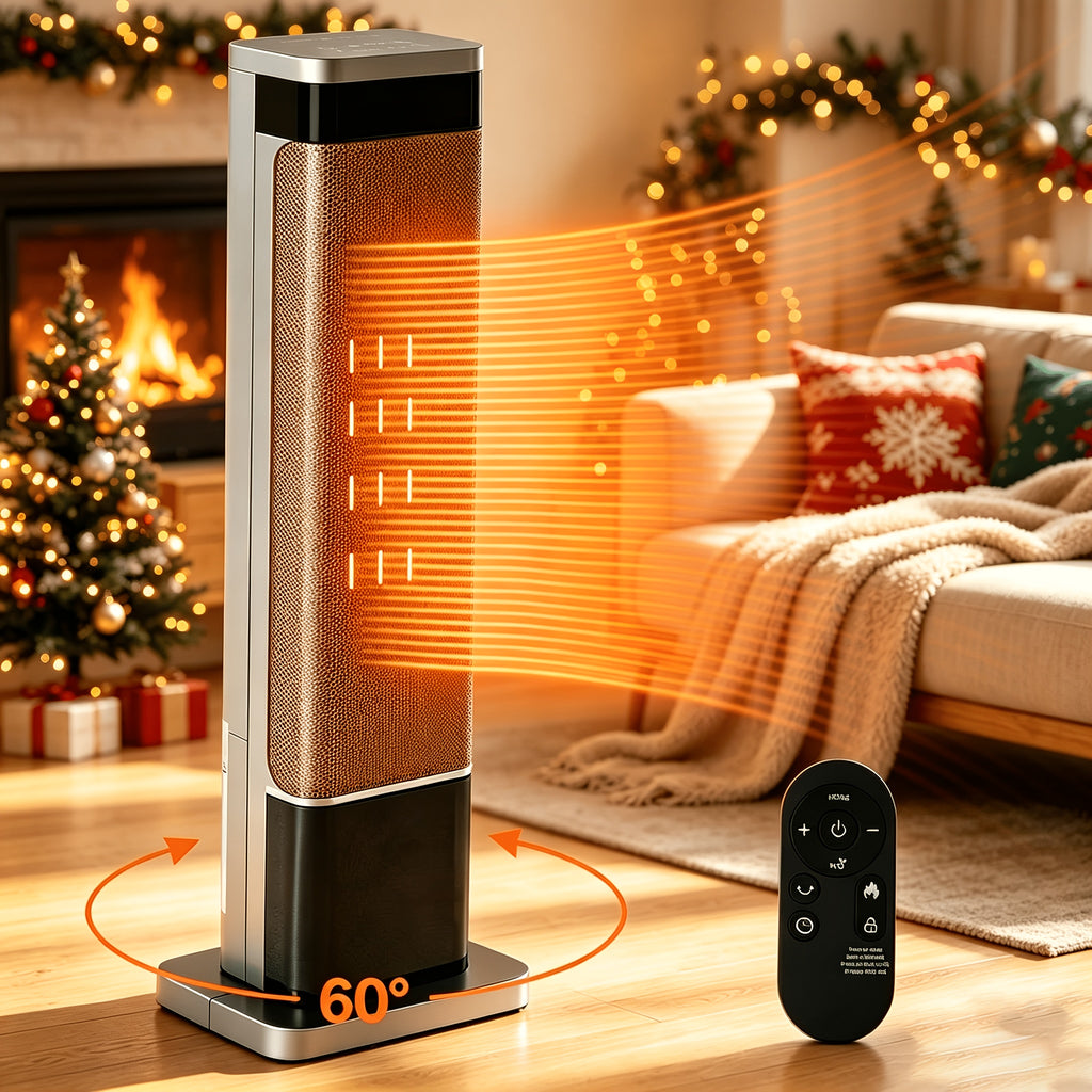 Space heater beside Christmas decorations with an oscillation graphic.