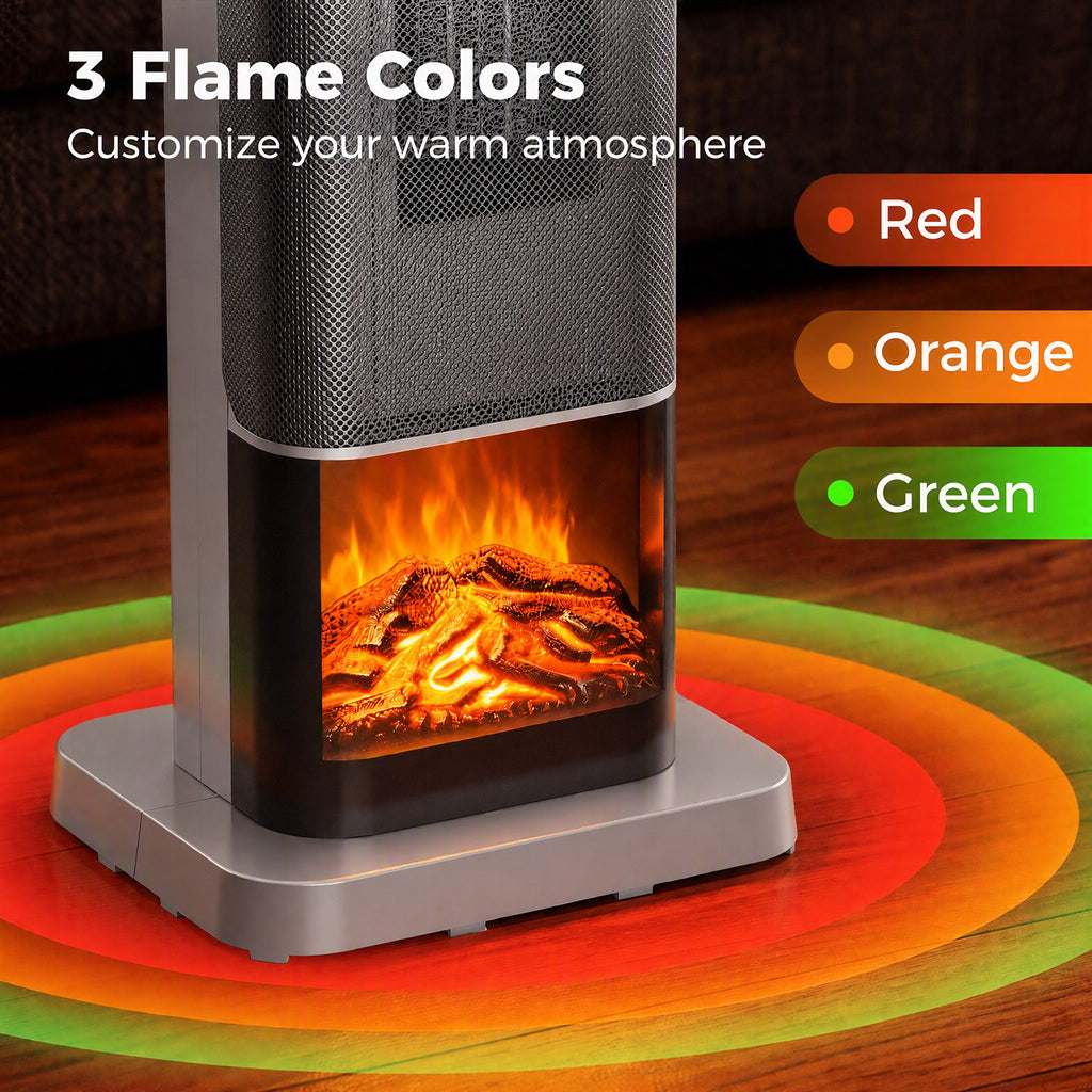 Space heater closeup of the flame display with three color illustrations.