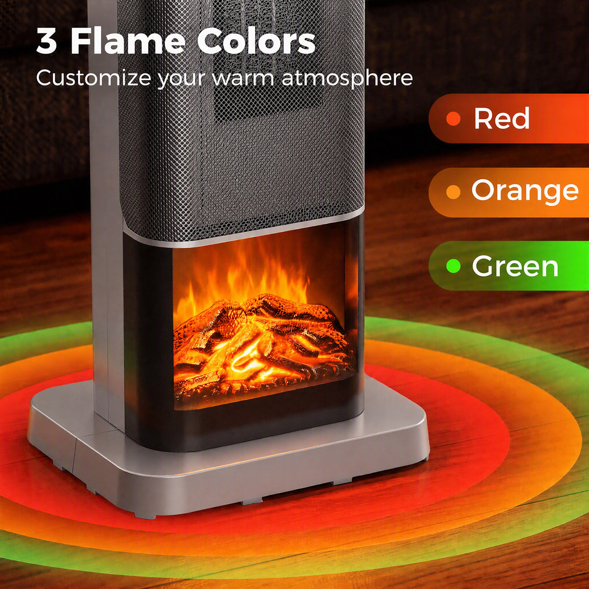 Space heater closeup of the flame display with three color illustrations.