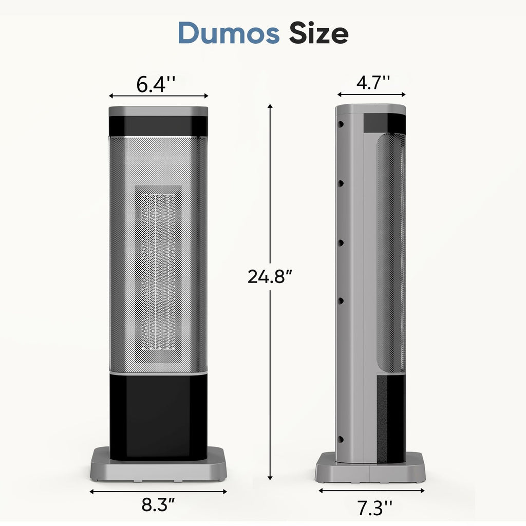 Space heater dimension diagram showing front and side views.