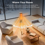 Space heater in a living room with an oscillation graphic.