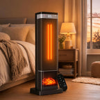 Space heater in black with square base and remote beside a bed