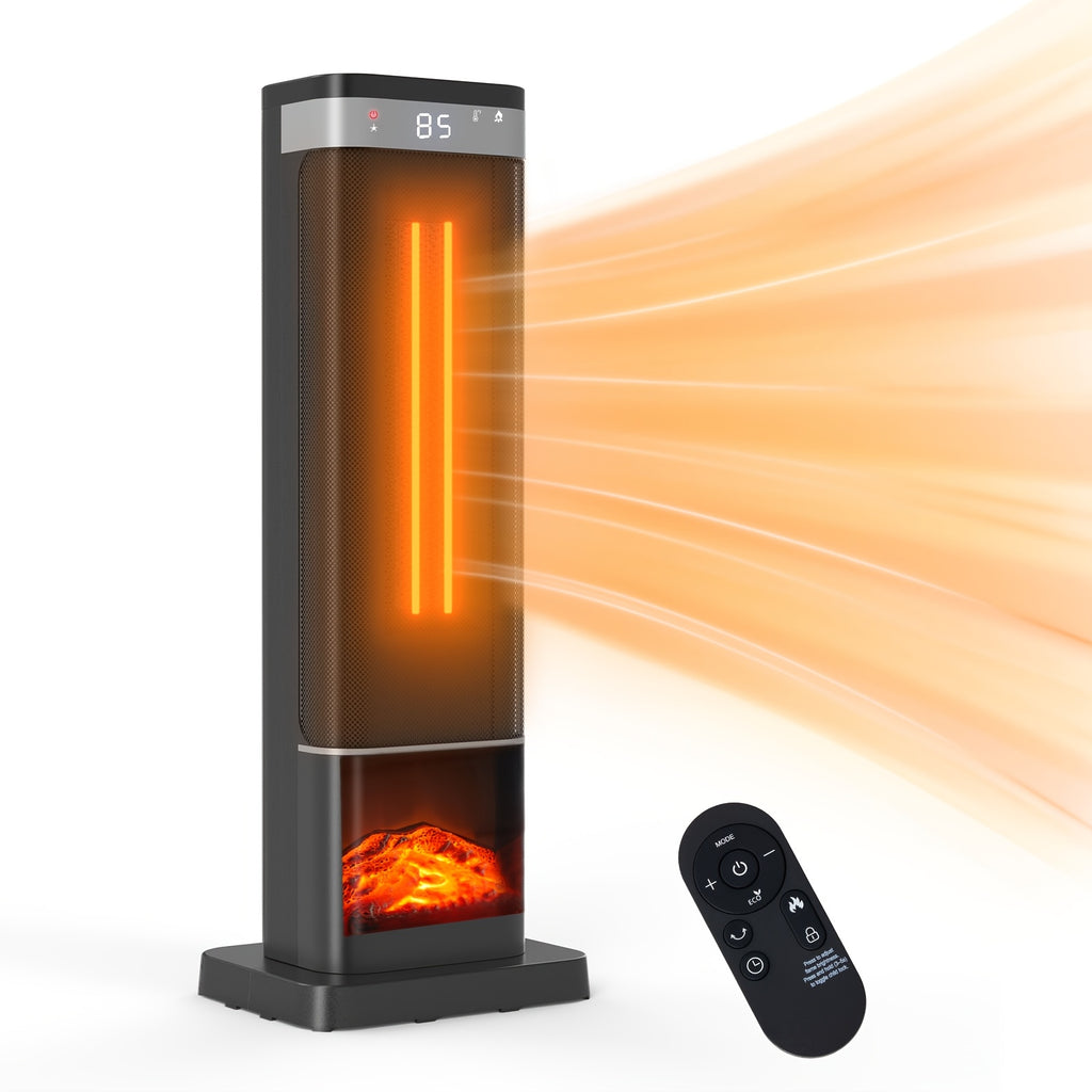 Space heater square black style with flame effect and remote