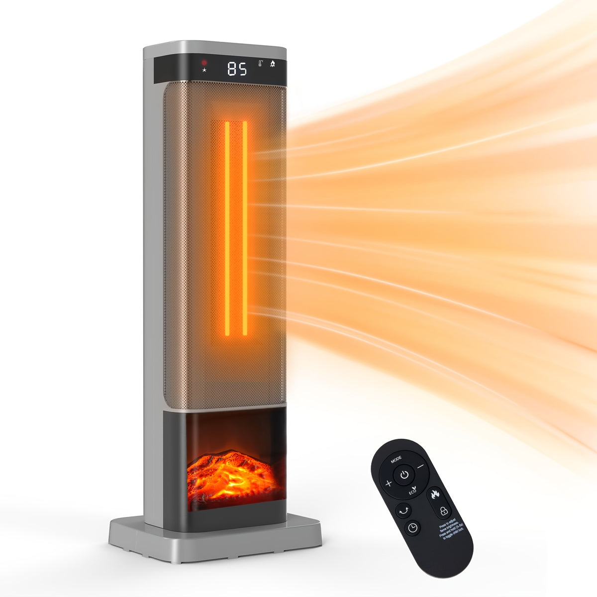 Space heater square silver style with flame effect and remote