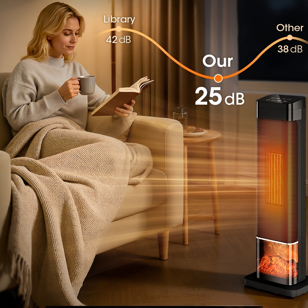Black tower space heater beside a reading chair with a noise comparison graphic.