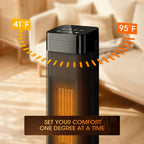 Black tower space heater with a graphic showing adjustable temperature settings.
