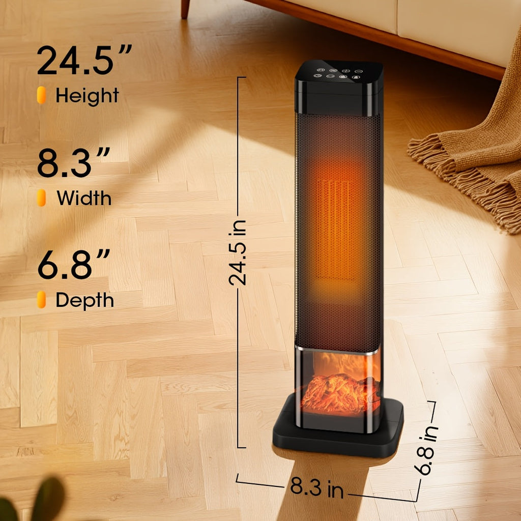 Black tower space heater with an unbranded diagram showing its height, width, and depth in inches.