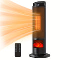 Black round base tower space heater with remote and illustrated airflow