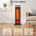 Silver square base space heater with protection feature icons