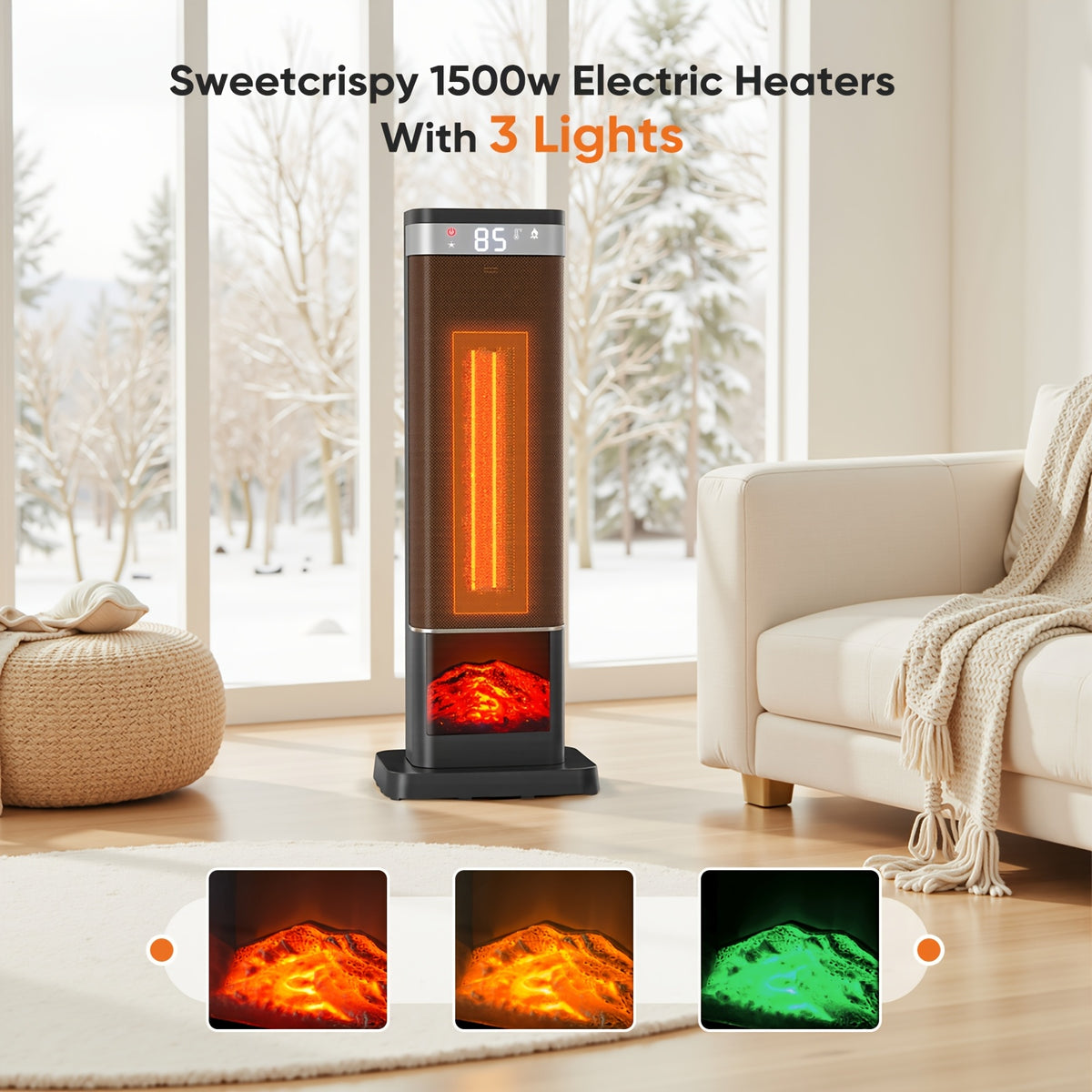 Silver square base space heater with three flame effect color examples