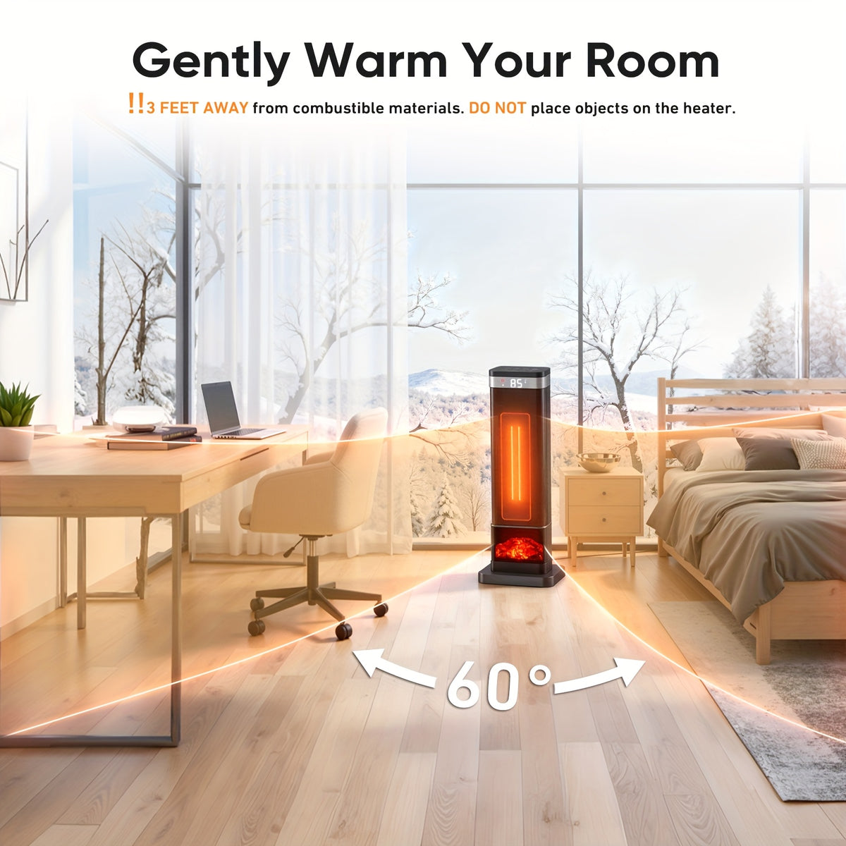 Square base space heater in a room with oscillation illustration