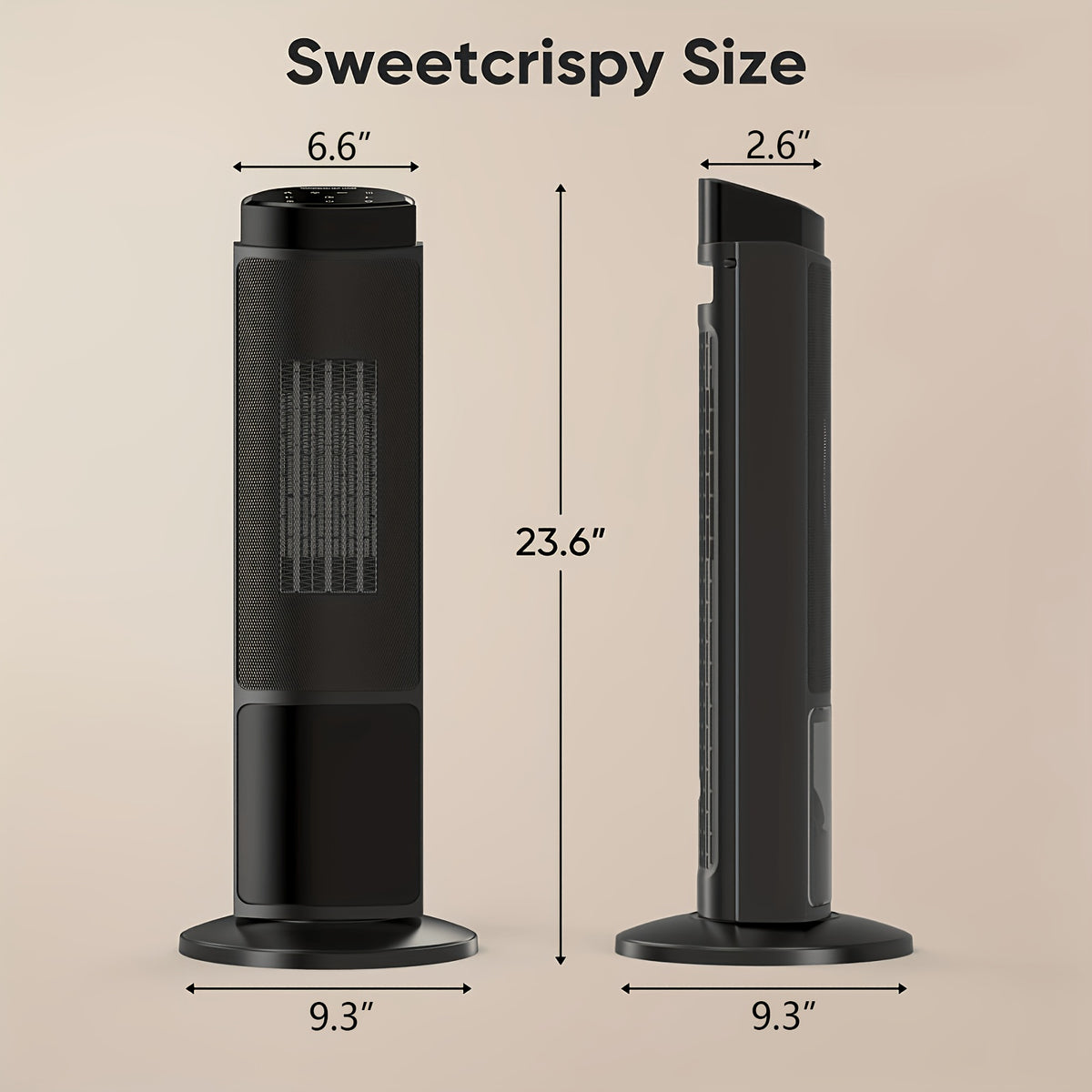 Black round base space heater with front and side dimensions