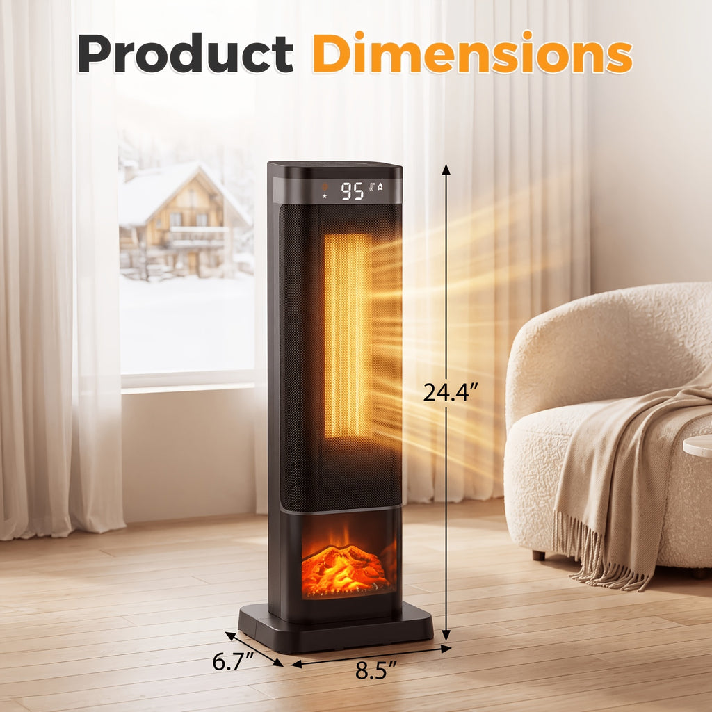 Black square base space heater with height, width and depth labels