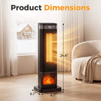 Black square base space heater with height, width and depth labels
