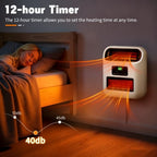 Space heater mounted beside a bed with timer and noise graphics.