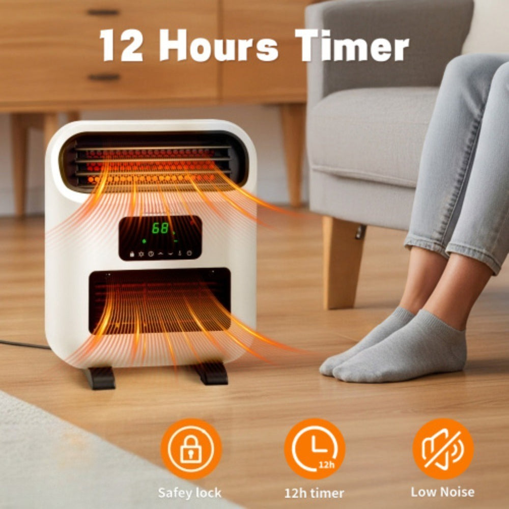 Space heater standing beside a sofa with timer and control graphics.