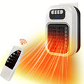 White wall outlet space heater with remote control and illustrated warm airflow