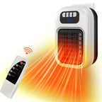 White wall outlet space heater with remote control and illustrated warm airflow