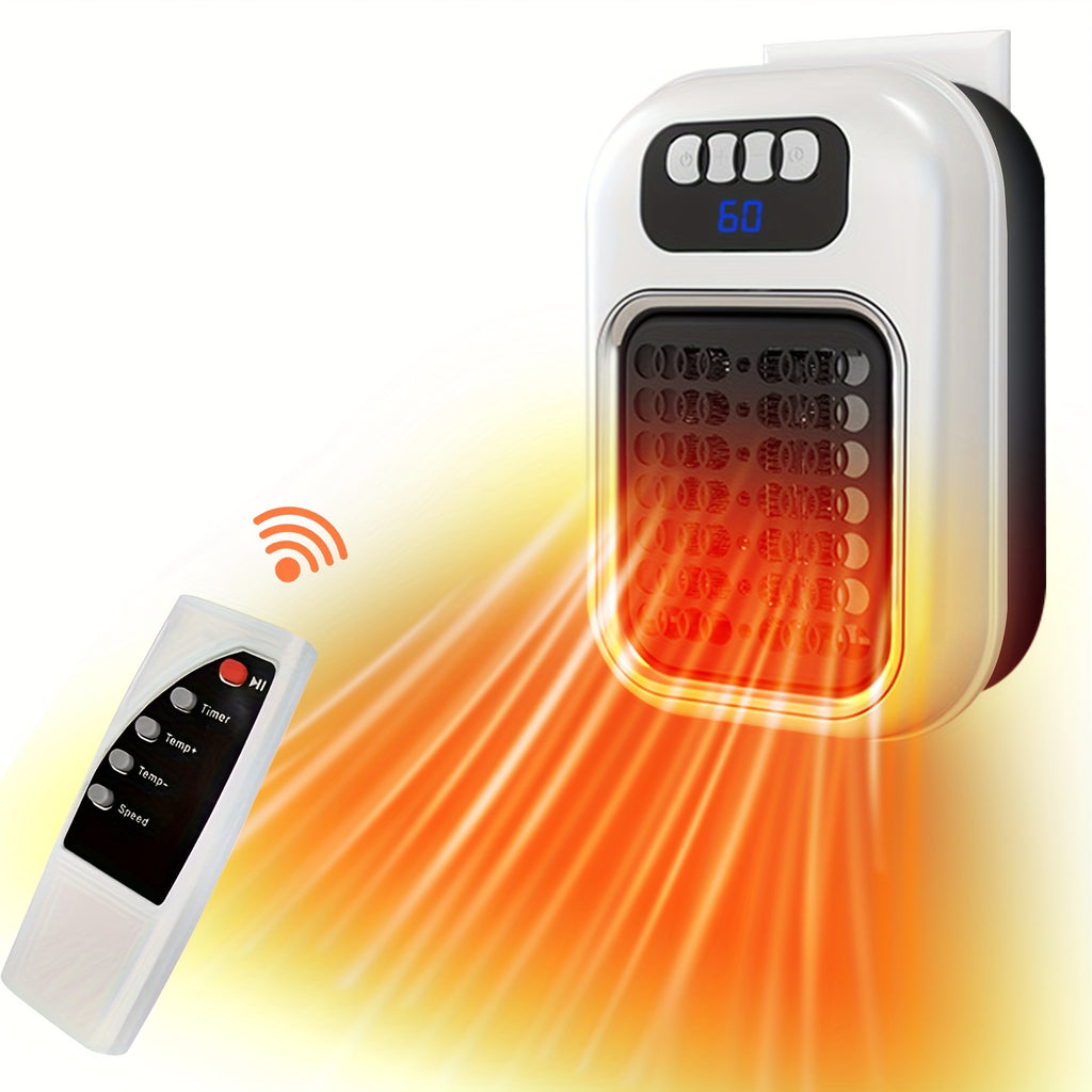 White space heater and remote control with orange airflow illustration