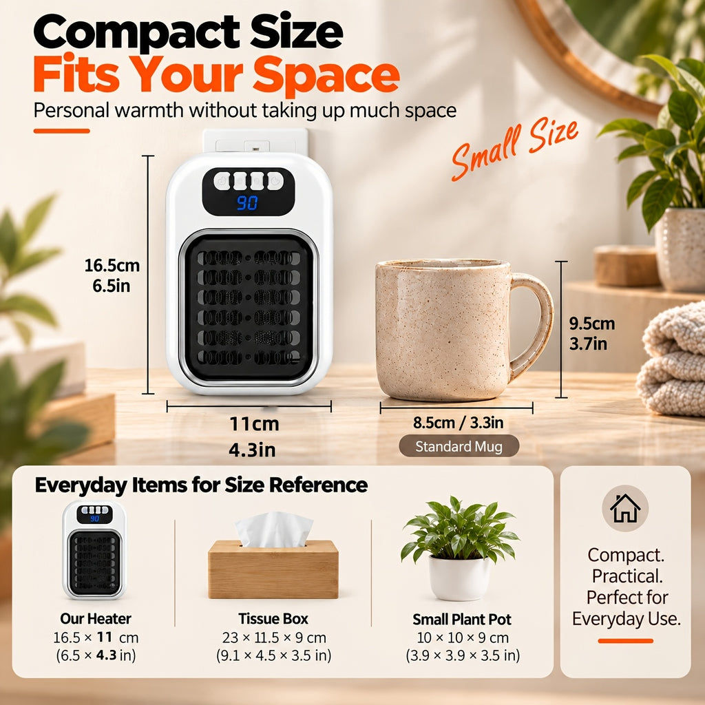 White space heater with height and width measurements and size comparisons