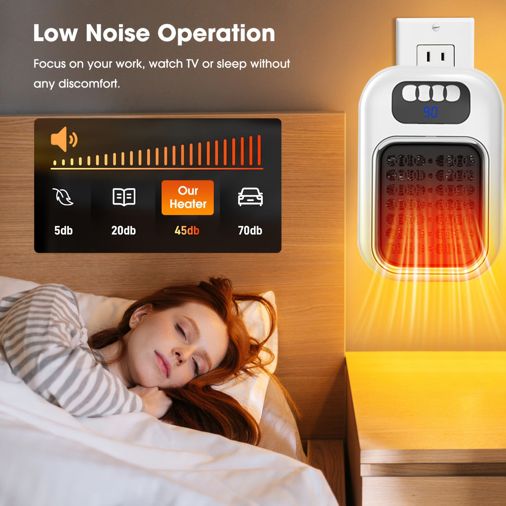 White space heater noise comparison graphic with sleeping woman