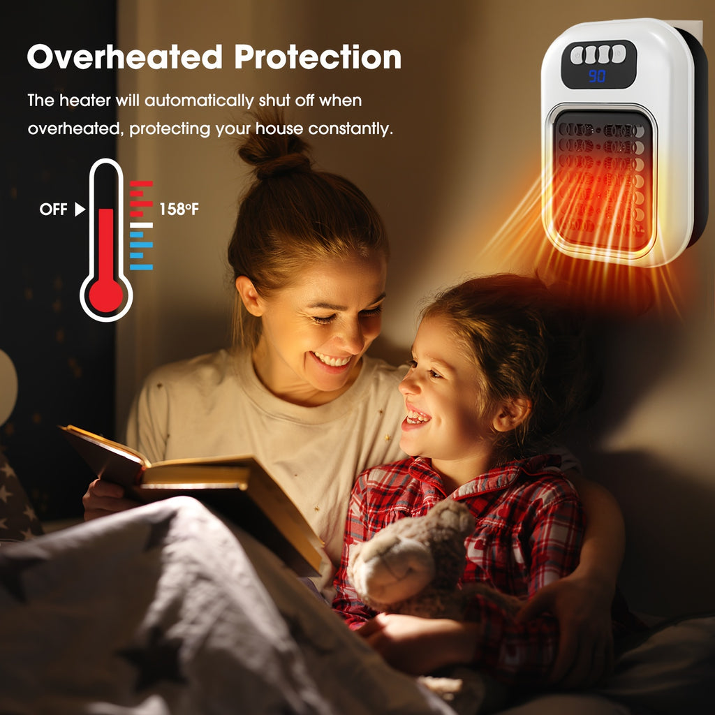 White space heater overheat protection graphic with family reading