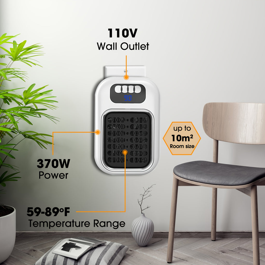 White wall outlet space heater beside a chair with specification labels