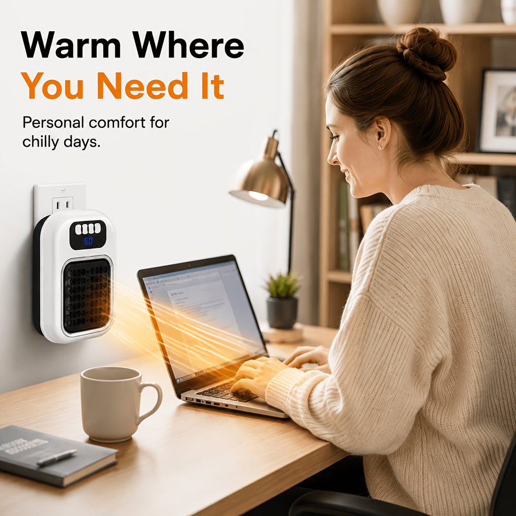 White space heater beside a desk with woman working on a laptop