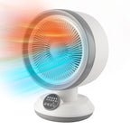 Space heater and circulation fan in white showing the round grille and base controls