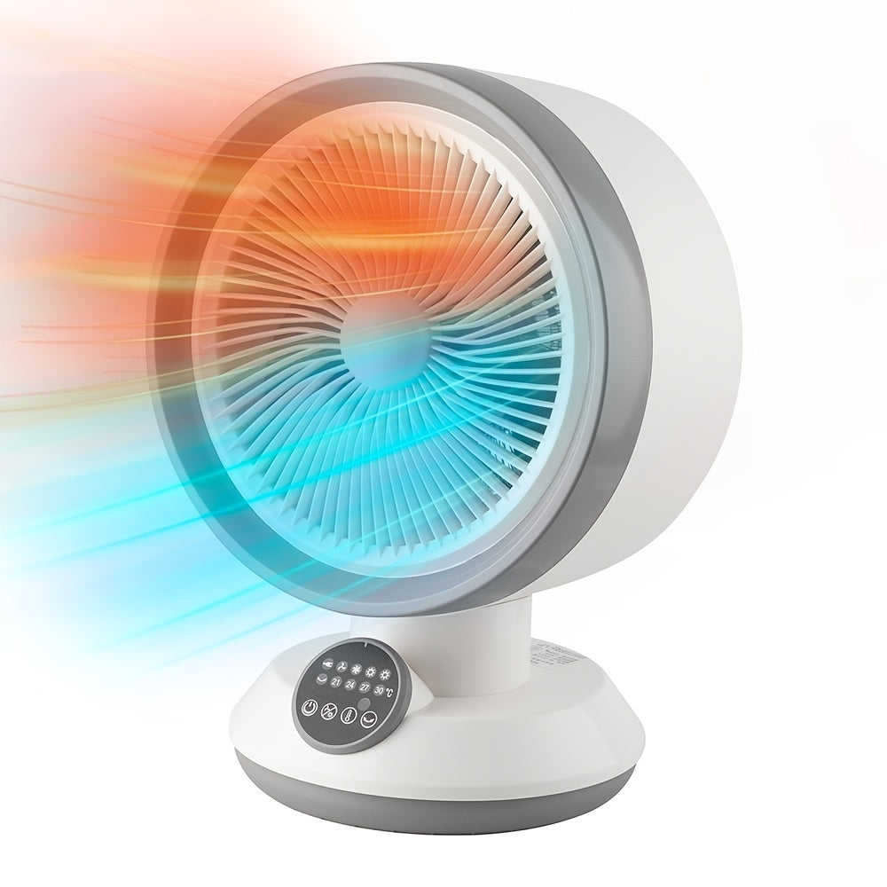 Space heater and circulation fan in white showing the round grille and base controls