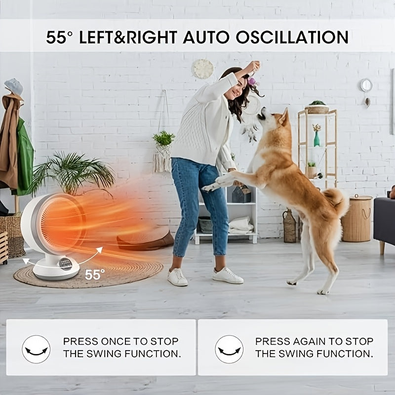 Space heater shown oscillating through 55 degrees in a living room