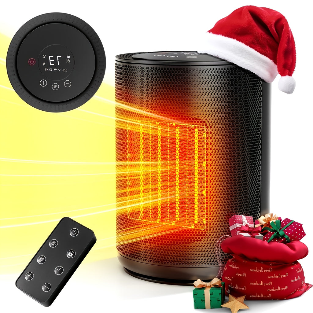 Black cylindrical space heater with a remote control, Santa hat, gift props, and illustrated heat rays.