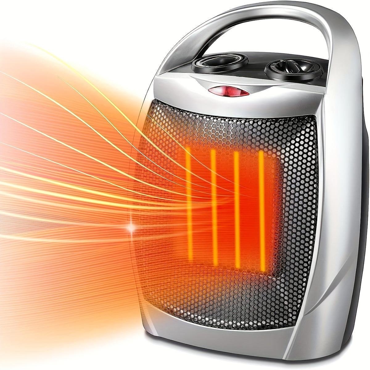 Silver space heater with a carry handle, control dial, and illustrated orange heat rays.
