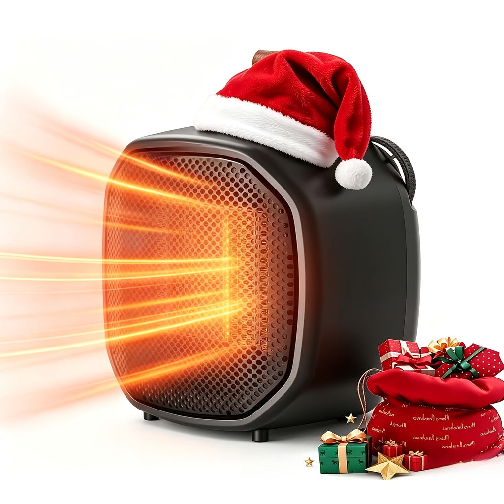 Black space heater with a leather style handle, Christmas props, and illustrated heat rays.