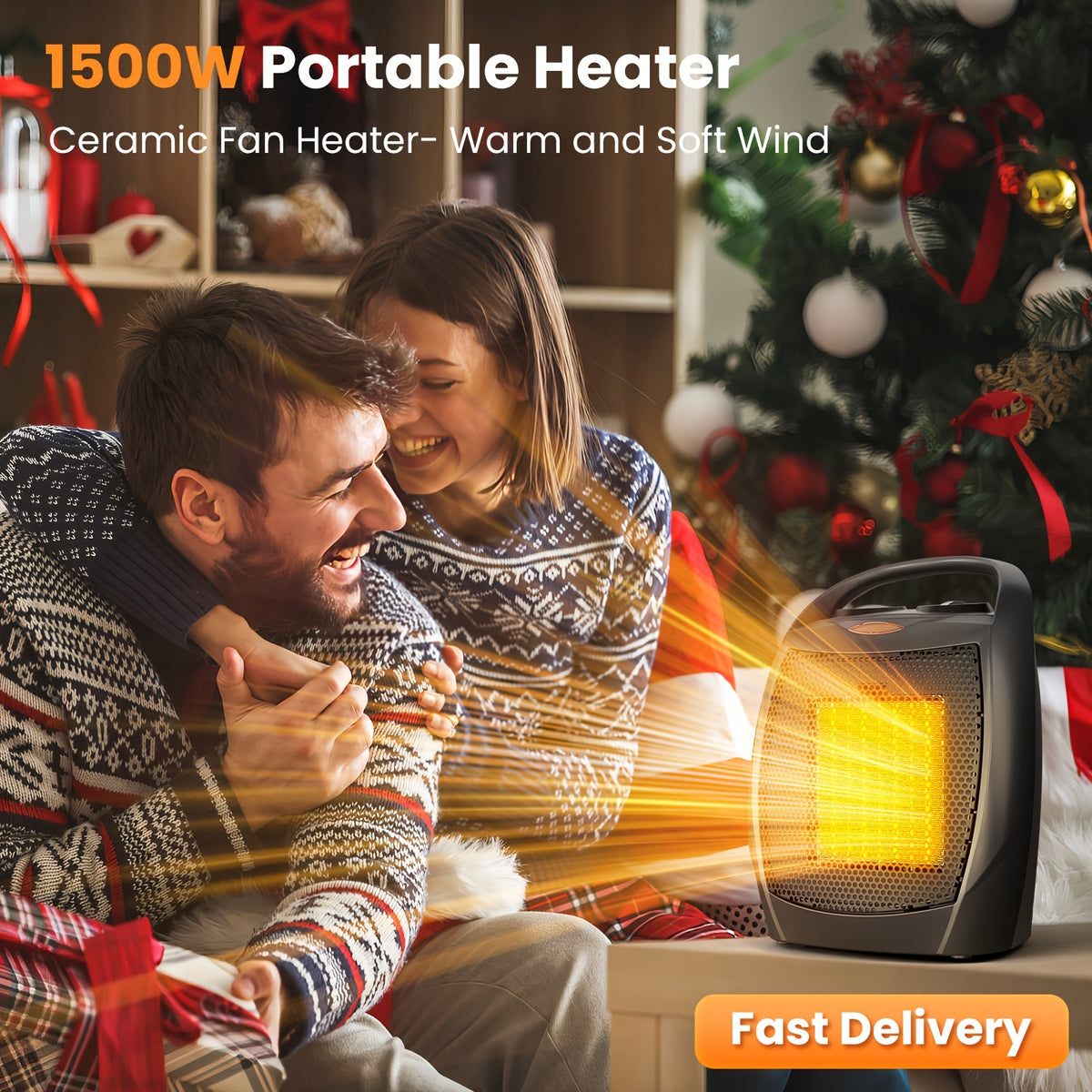 Portable space heater pictured beside a family in a Christmas room scene.