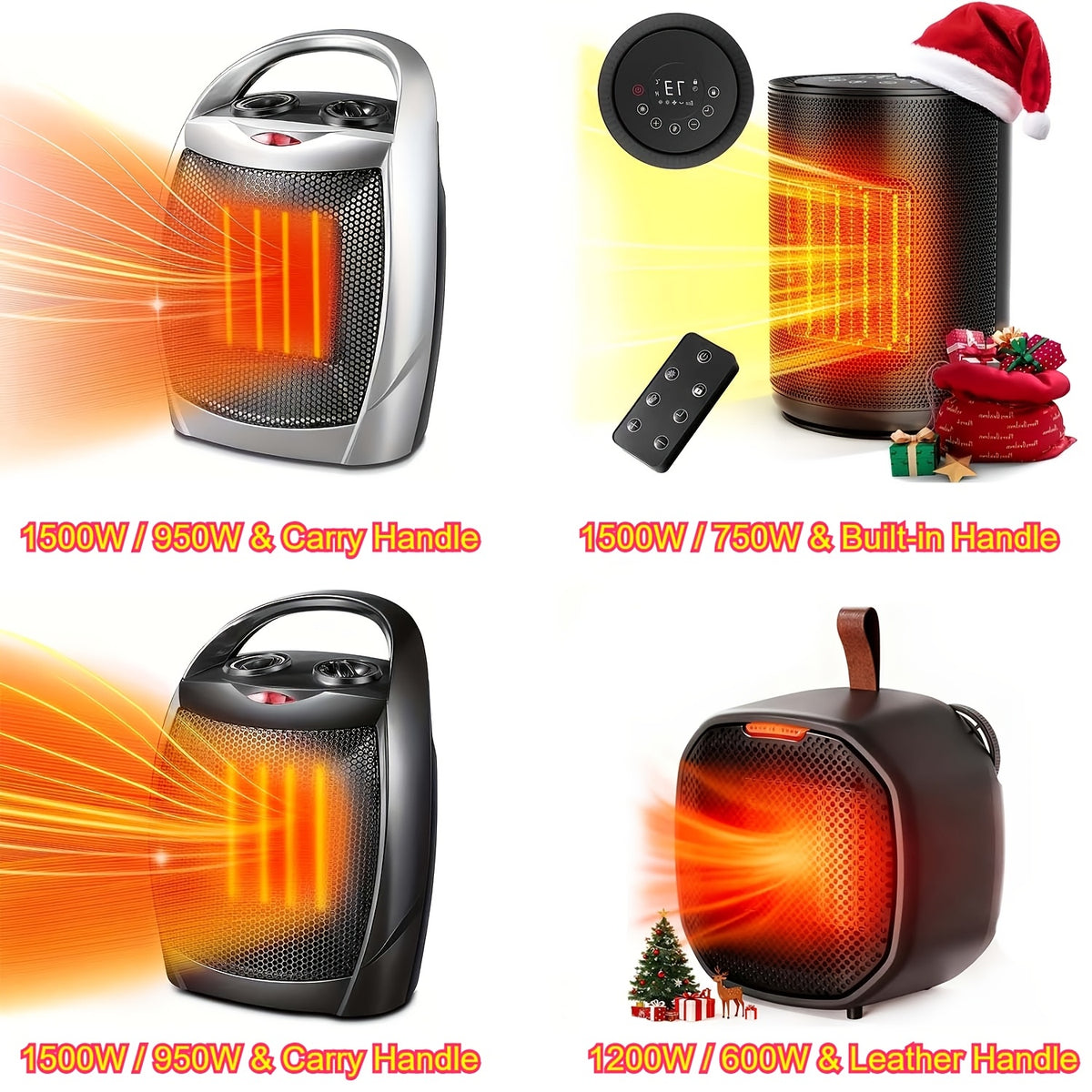Space heater models compared in a graphic showing carry handles, built in handles, and a leather style loop.