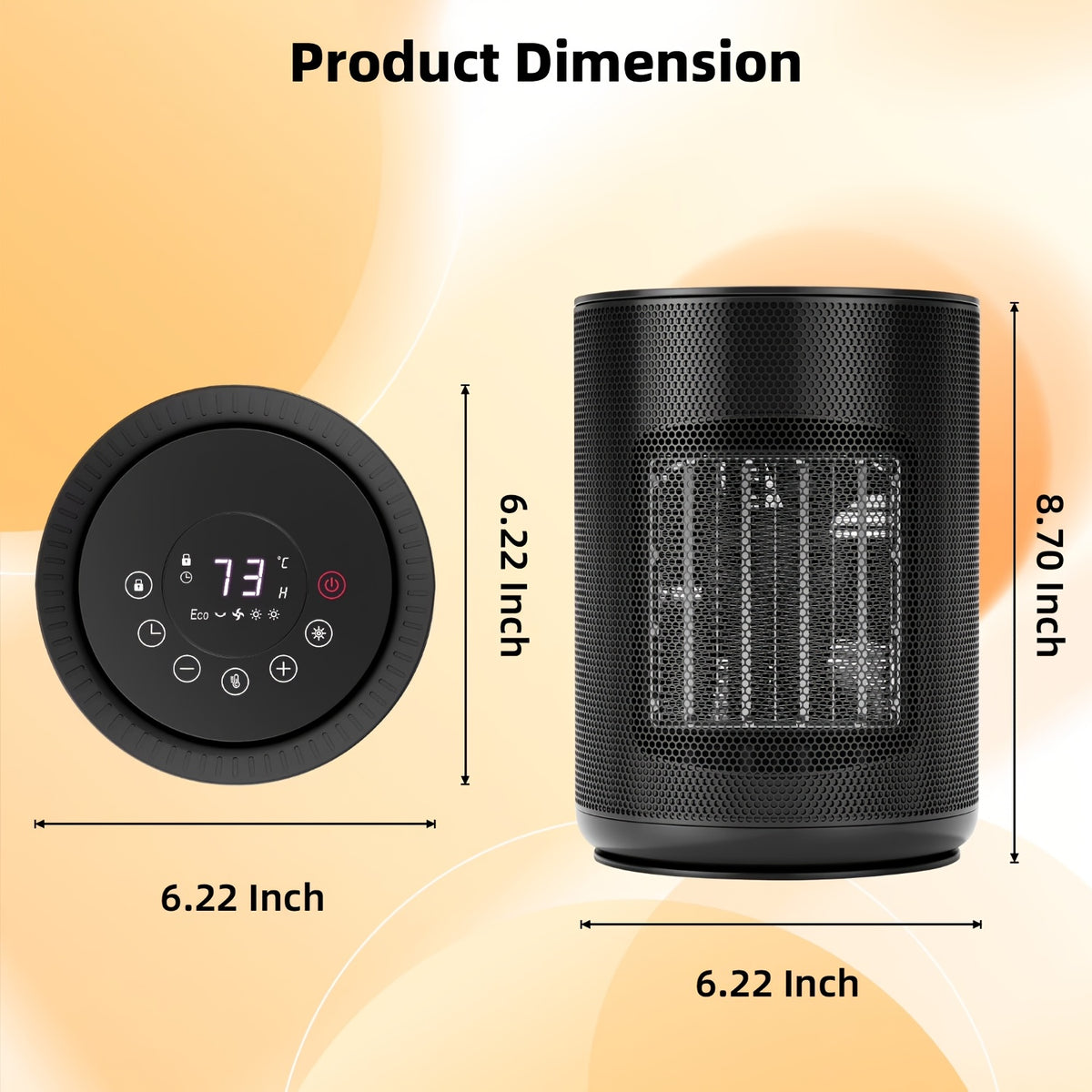 Black cylindrical space heater with a dimension diagram for its height and diameter.
