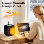 Space heater on a desk beside a laptop with a sound level graphic.