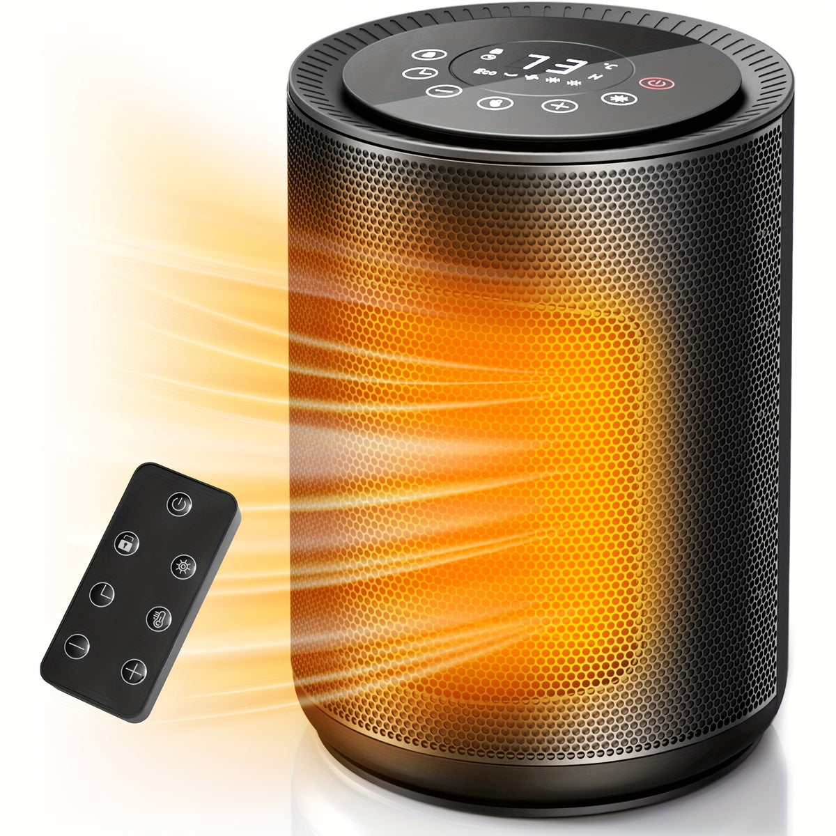 Digital space heater with a round control panel and remote control.