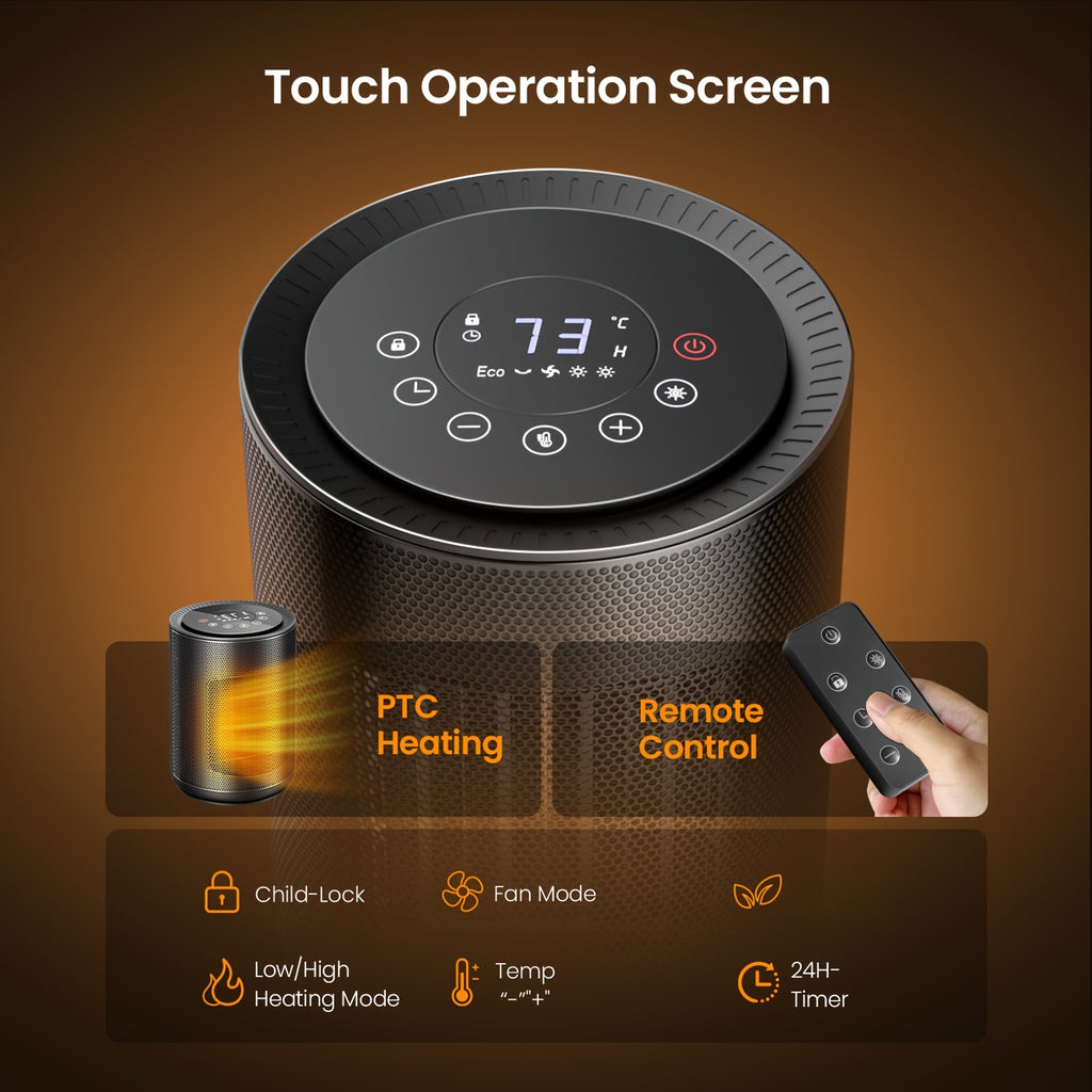 Space heater touch panel close up with feature icons and a remote control.