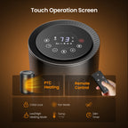 Space heater touch panel close up with feature icons and a remote control.