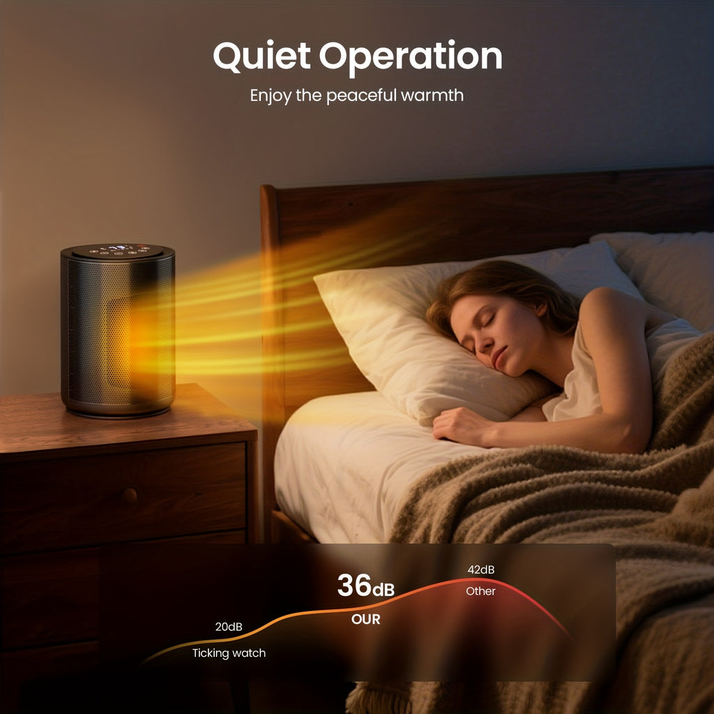 Space heater beside a bed with a sound level comparison graphic.