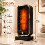 Space heater feature and dimension diagram in a room setting.