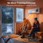 Space heater in an entryway scene with two people.
