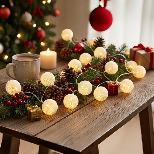 Spherical String Lights | Battery Powered Decorative Globe Lighting, Plastic, White