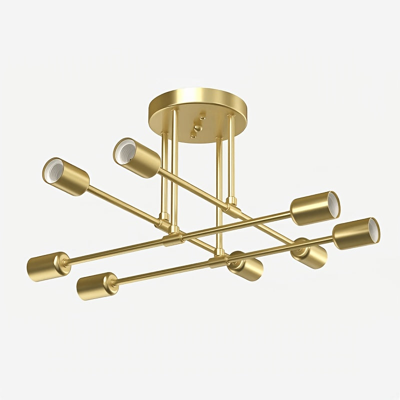 Gold Sputnik ceiling light with eight exposed bulb sockets against a plain background.