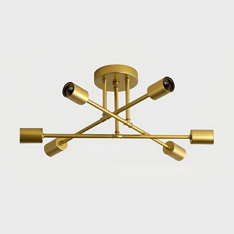 Gold Sputnik ceiling light with six exposed bulb sockets against a plain background.