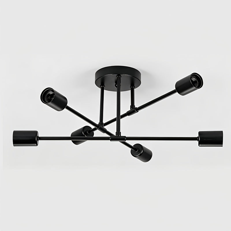 Black Sputnik ceiling light with six exposed bulb sockets against a plain background.